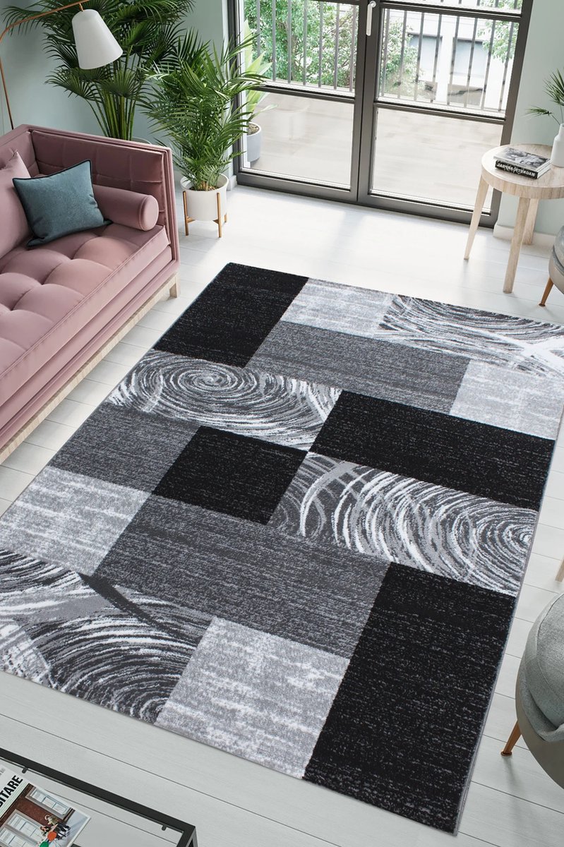 Flycarpets Jaden Modern Vloerkleed Geblokt - Zwart / Grijs - 120x170 cm - Laagpolig Tapijt Woonkamer