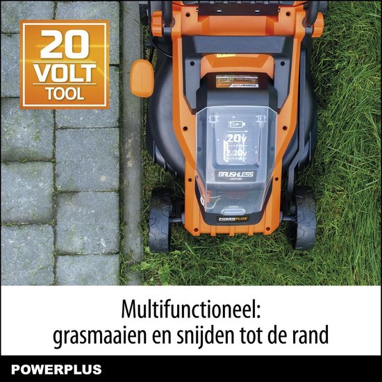 Een oranje 20V Powerplus grasmaaier op een stenen ondergrond, met de tekst '20 VOLT TOOL' en 'Multifunctioneel: grasmaaien en snijden tot de rand'.