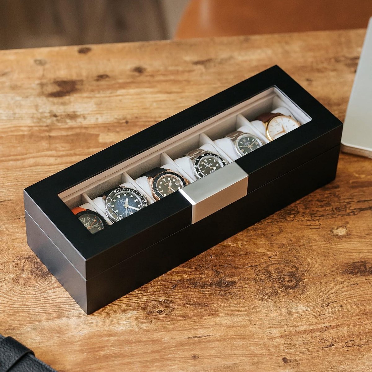 Elegante horlogedoos van hout voor 6 horloges met vitrine - zwart - luxe design.