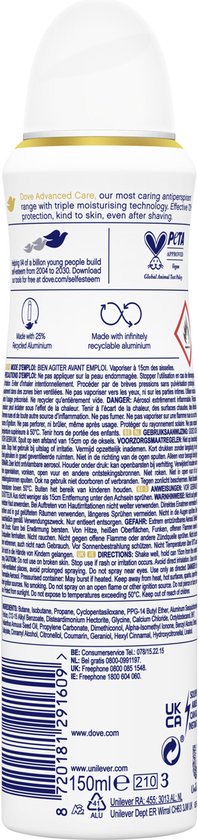 Achterkant van een Dove Advanced Care deodorantbus met productinformatie en keurmerken.