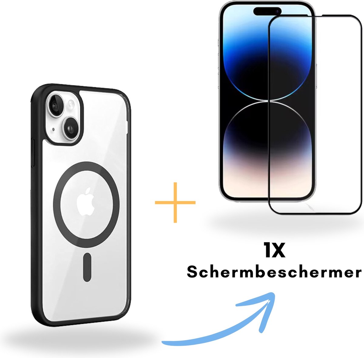Optimity hoesje voor iPhone 15 Clear Case Magnetic zwart + Gehard Glas Schermbeschermer
