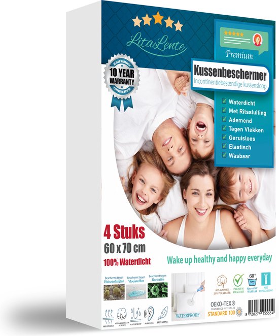 Emballage avec une famille souriante et le texte 'LitaLente Premium Housse de coussin 10 ans de garantie'.
'4 pièces 60x70 cm 100% imperméable'.