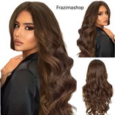 Frazimashop- Bruin Pruik Hittebestendige - Pruiken Dames Lang golf Haar - #Front Lace Wig 13x4# Hoge kwaliteit synthetische pruik 60 cm