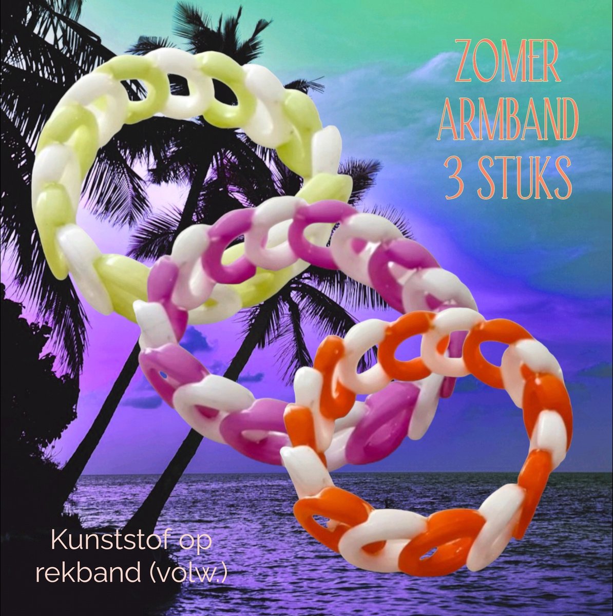 Fashion Jewelry - Het Appeltje® - Acrylic / Kunststof armbanden - set van 3 stuks - licht groen, violet paars, helder oranje / wit - ringen op elastiek - volwassen jeugd - non allergic - Unisex - casual festival vakantie carnaval feest