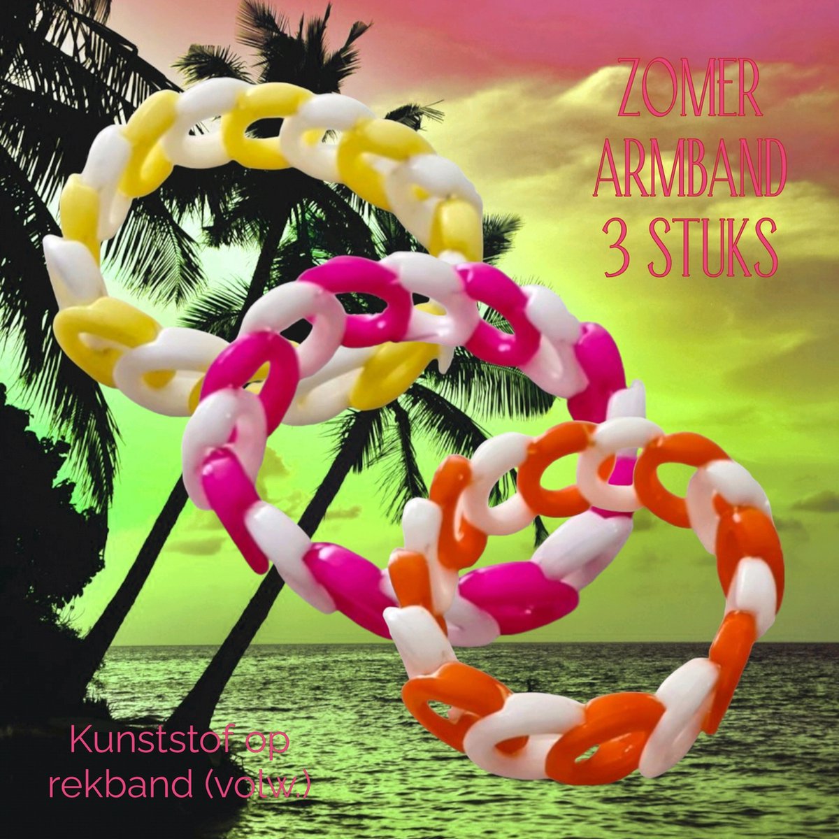Fashion Jewelry - Het Appeltje® - Acrylic / Kunststof armbanden - set van 3 stuks - pastel geel, magenta roze, helder oranje / wit - ringen op elastiek - volwassen jeugd - non allergic - Unisex - casual festival vakantie carnaval feest