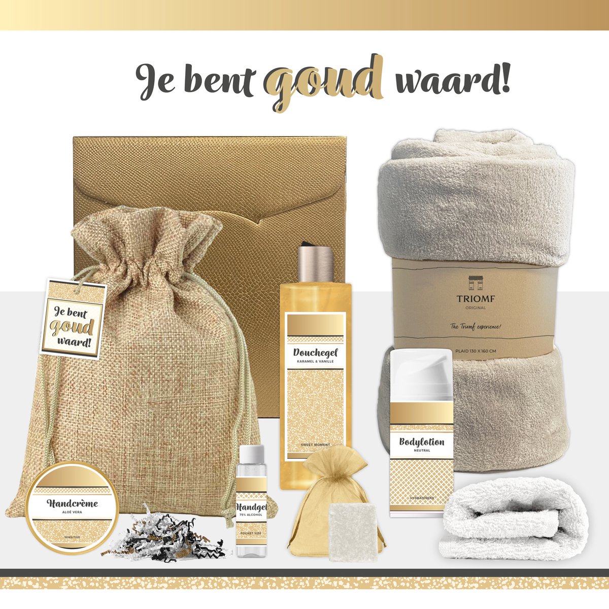 Goedkoopste Geschenkset “Je bent goud waard!” - 8 producten - 1090 gram | Cadeau Vrouw - Wellness Pakket Vrouw - Giftset Vriendin - Moeder - Cadeaupakket Collega - Cadeau Zus - Verjaardag Oma - Moederdag - Kerstpakket - Cadeau - Goud - Wit - Bruin