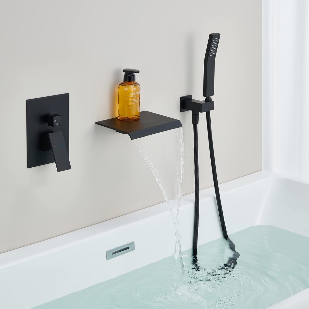 WEBO Deluxe inbouw badkraan met handdouche complete set - mat zwart - watervalontwerp - twee-knop bediening complete set