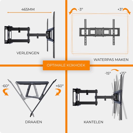 Zwarte tv-muurbeugel, uittrekbaar tot 465 mm. Toont kantel-, draai- en waterpas-opties.