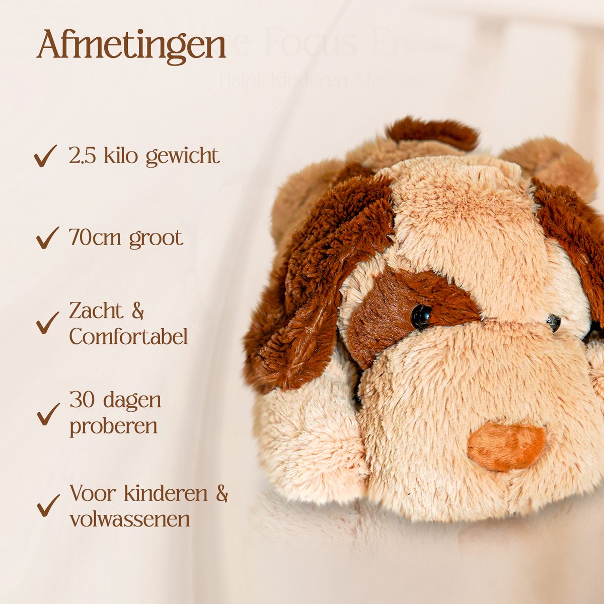 Big Baloo Verzwaringsknuffel Hond 2,5KG/70CM - Verzwaarde Zware Anxiety Knuffel - Weighted stuffed animal voor Kind & Volwassenen — afbeelding 9