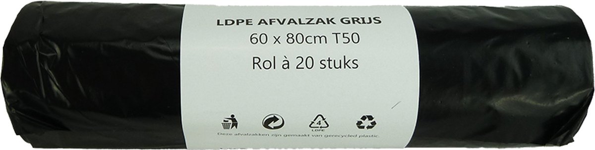 Afvalzak 60L grijs 20 stuks op rol