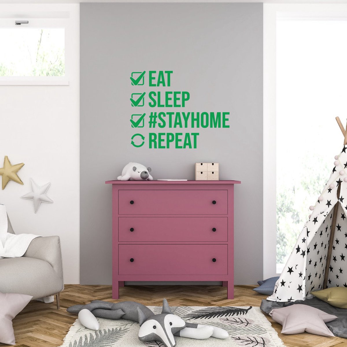 MC Living Muursticker - Eat Sleep Stayhome Repeat - 46,4 x 59,2 - Groen