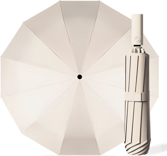 Kaaiman® Stormparaplu Opvouwbaar - Off-White - 12 Panelen - Creme - Beige - Paraplu - Reflecterende strip - Zaklamp - 1 Knop bediening - Geschikt voor 2 personen - Beperkte oplage