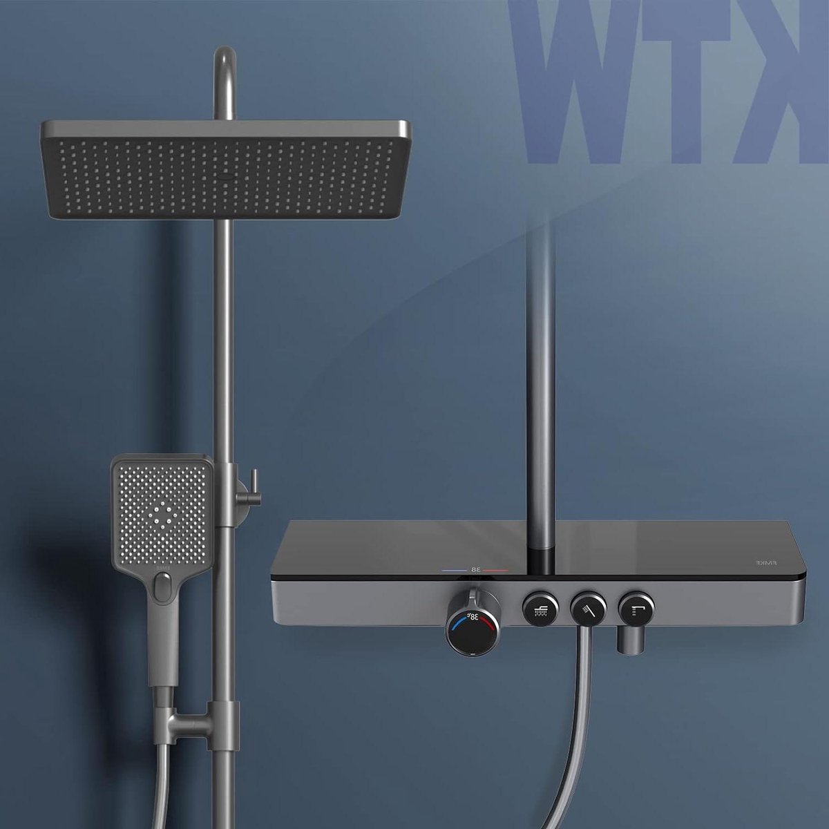 Douchesysteem met thermostaat - 45 cm thermostatische plaat - handdouche 3 straalsoorten - regendouche met kraan - doucheset regendouche - KTW-certificering - mat antraciet