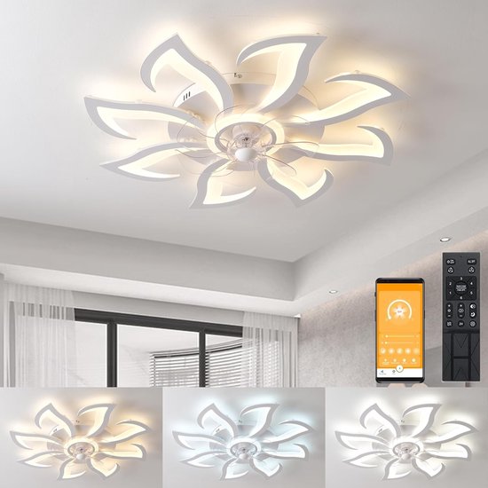 LuxiLamps - 8 Lotus Ventilator Lamp - Plafondventilator - Smart Lamp - Met Dimmer - 6 Standen Ventilator - Keuken Lamp - Woonkamerlamp - Moderne lamp