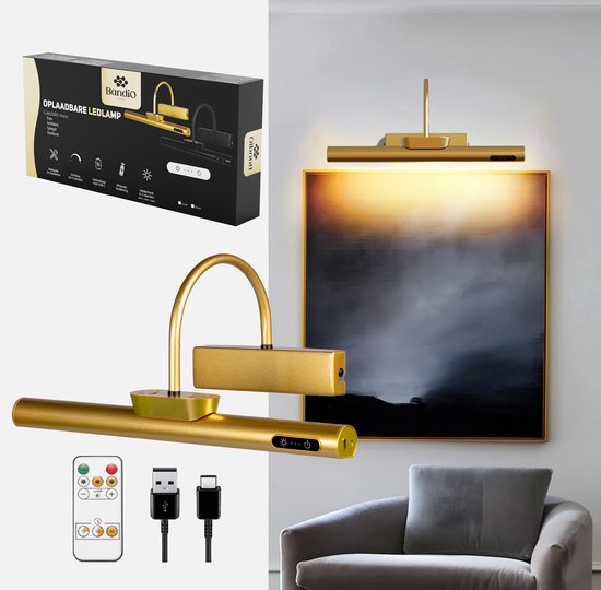 BandiO® Florence Goud - Wandlamp oplaadbaar - Schilderijlamp draadloos led - wandlamp binnen woonkamer oplaadbaar - wandlampen dimbaar - wandlamp - schilderijverlichting draadloos led - schilderijlamp oplaadbaar - oplaadbare schilderijverlichting