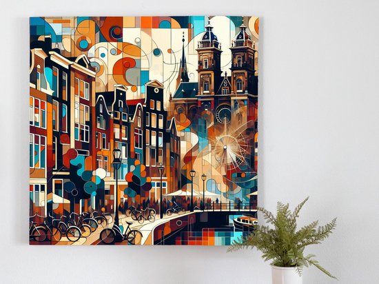 Abstract amsterdam schilderij | Urban Symphony: Vibrant Amsterdam Canvas in Abstract Expressionism | Kunst - 30x30 centimeter op Canvas | Foto op Canvas