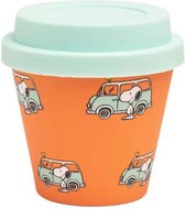 Quy Cup - 90ml Ecologische Reis Beker - Espressobeker "Peanuts Snoopy 16 Camper - Kampeerder” met licht blauw Siliconen deksel 7x7x7cm