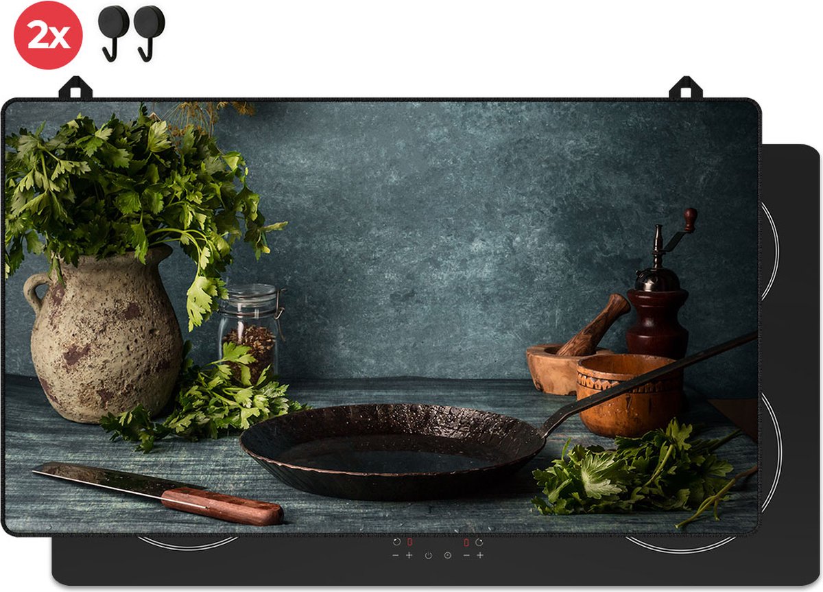 KitchyMist Inductie Beschermer 90x52 cm - Stilleven van Kruiden en Specerijen - Kookplaat Beschermer - Afdekplaat voor Kookplaat - Inductie Mat - Spatscherm Achterwand Keuken