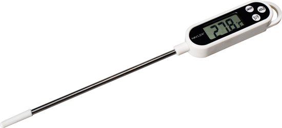 Witte digitale vleesthermometer met roestvrijstalen sonde.