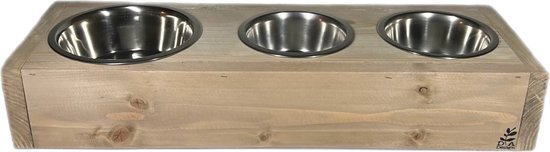Un distributeur de nourriture en bois avec trois bols en acier inoxydable, sur fond blanc.