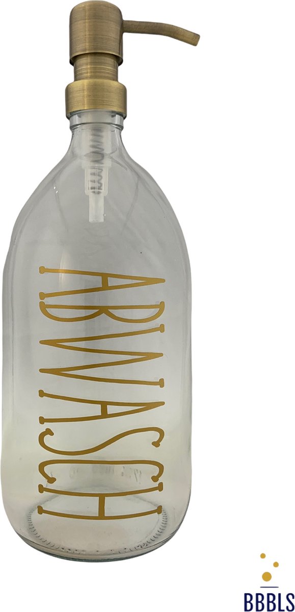 BBBLS® Design Dispenser "Abwasch" | Transparant Glas | 1 liter | RVS / Metaal Pomp Goud | Zeeppomp | Zeepdispenser | Zeephouder