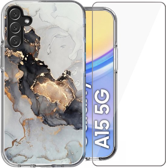 Hoesje geschikt voor Samsung Galaxy A15 - Screen Protector Glas - Back Cover Marmer Siliconen Case Wit & Screenprotector