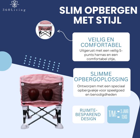 360 Living - Kinderstoel Inklapbaar - Roze - Eetstoel Baby - Kinderzetel - Camping Kinderstoel Inklapbaar met Eetblad - Kinder Eetstoel van 360 Living — afbeelding 5