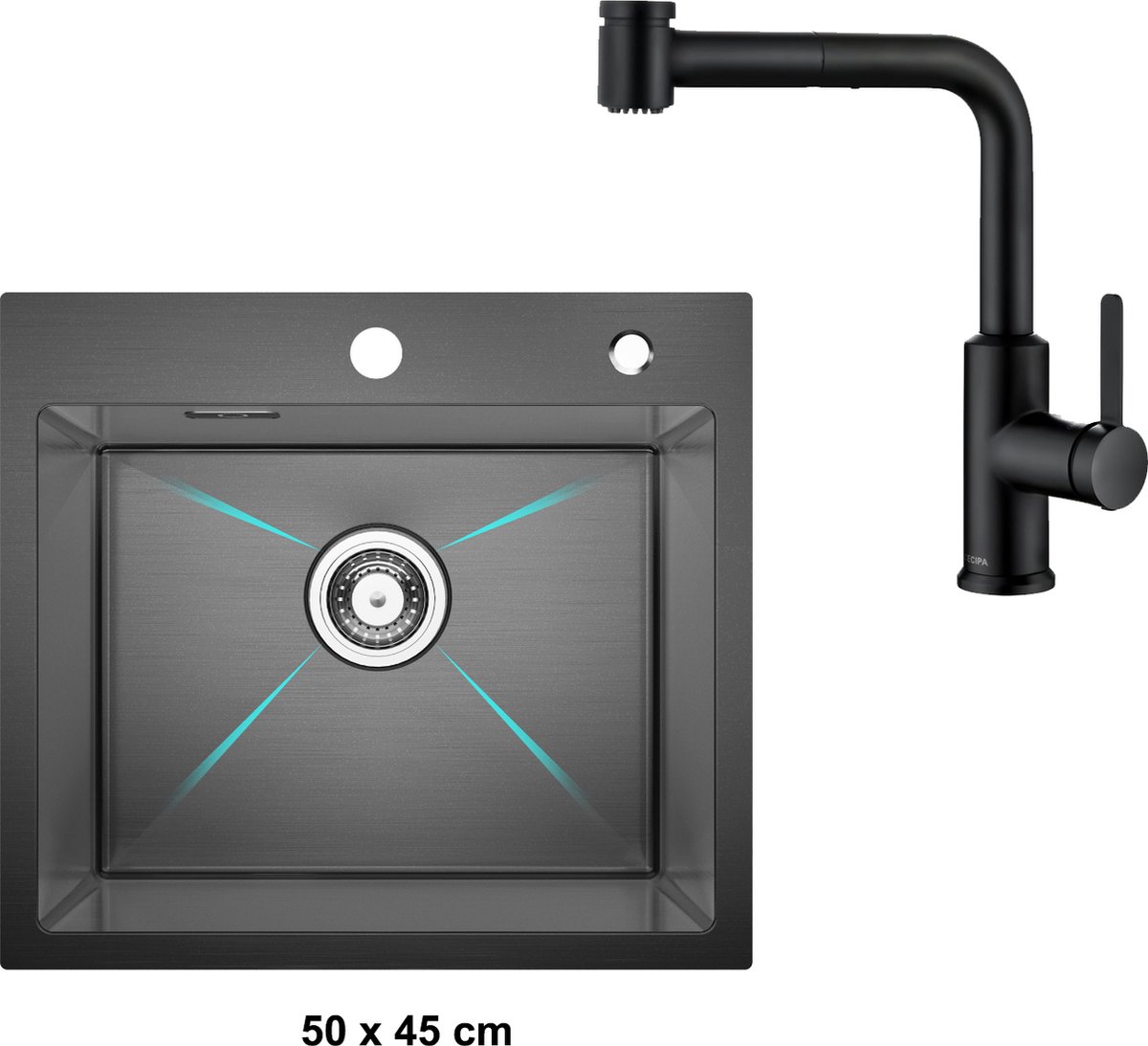 CECIPA max Spoelbak Met Keukenkraan - Spoelbakken Keuken 50 x 45 cm Antraciet - Enkele spoelbak - roestvrij staal Spoelbak - Wasbak met waterafvoersysteem - RVS