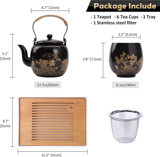 Traditionele Japanse theeservies, mooie zwarte theeset met dienblad en infuser, Chinese theesets voor 6 volwassenen, porseleinen theepot en theekopjes, grote theepot, cadeau voor vrouwen, mannen, verjaardag, housewarming
