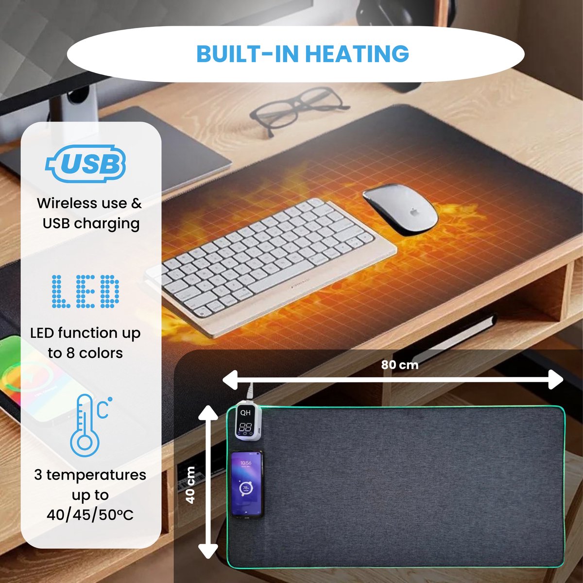Tapis De Souris Chauffant - 80x33 Cm - Imperméable - 3 Températures Réglables - Arrêt Auto 3h - Pour Bureau Et Maison