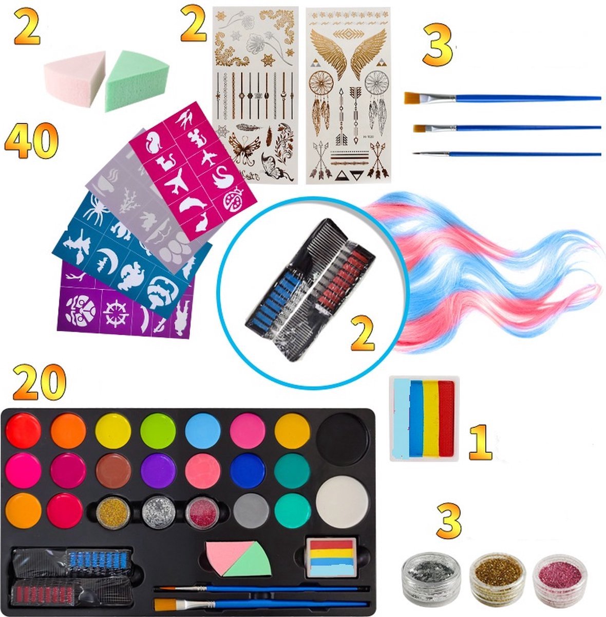 Meedeer Schminkset Kinderen-Schminkset-Make up Kinderen-20 kleuren & 3 penselen - Grime schmink op waterbasis — afbeelding 2