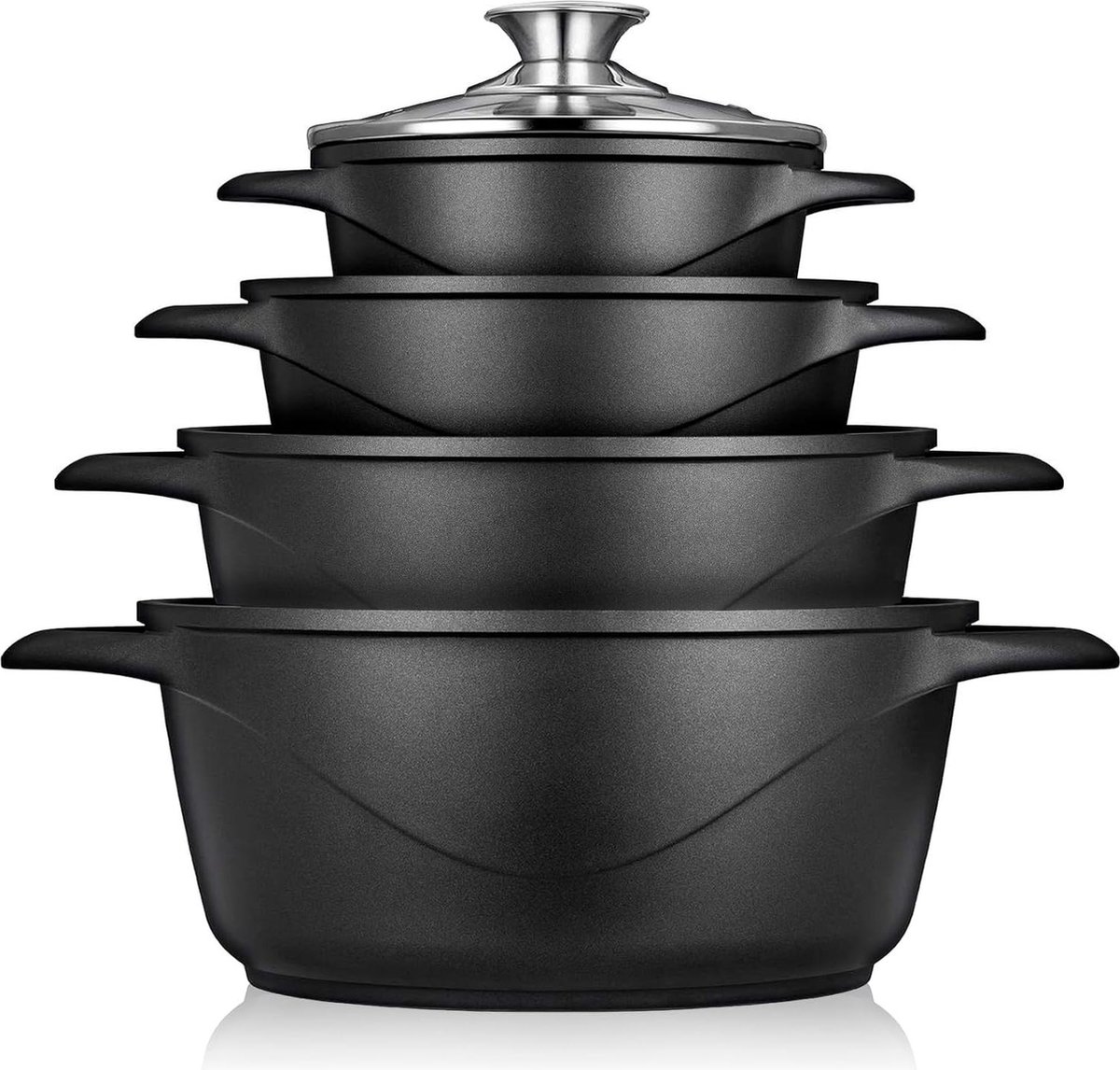 Pannenset inductie 8-Delig Gietaluminium Potten Antiaanbaklaag | Glazen Deksel Siliconen Handschoenen Geschikt voor Keramische Kookplaten Gas Oven MGK-12 Pannenset inductie