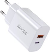 Nexibo 20W USB C Adapter - USB-C & USB-A Poort - Snellader - Geschikt voor iPhone, Samsung en Meer - Wit