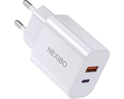 Nexibo 20W USB C Adapter - USB-C & USB-A Poort - Snellader - Lader - Wit