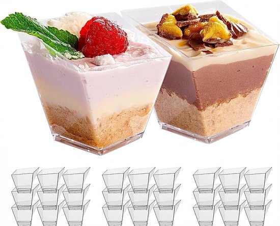 Mini-dessertbekers van kunststof, 140 ml, rechthoekig, transparant