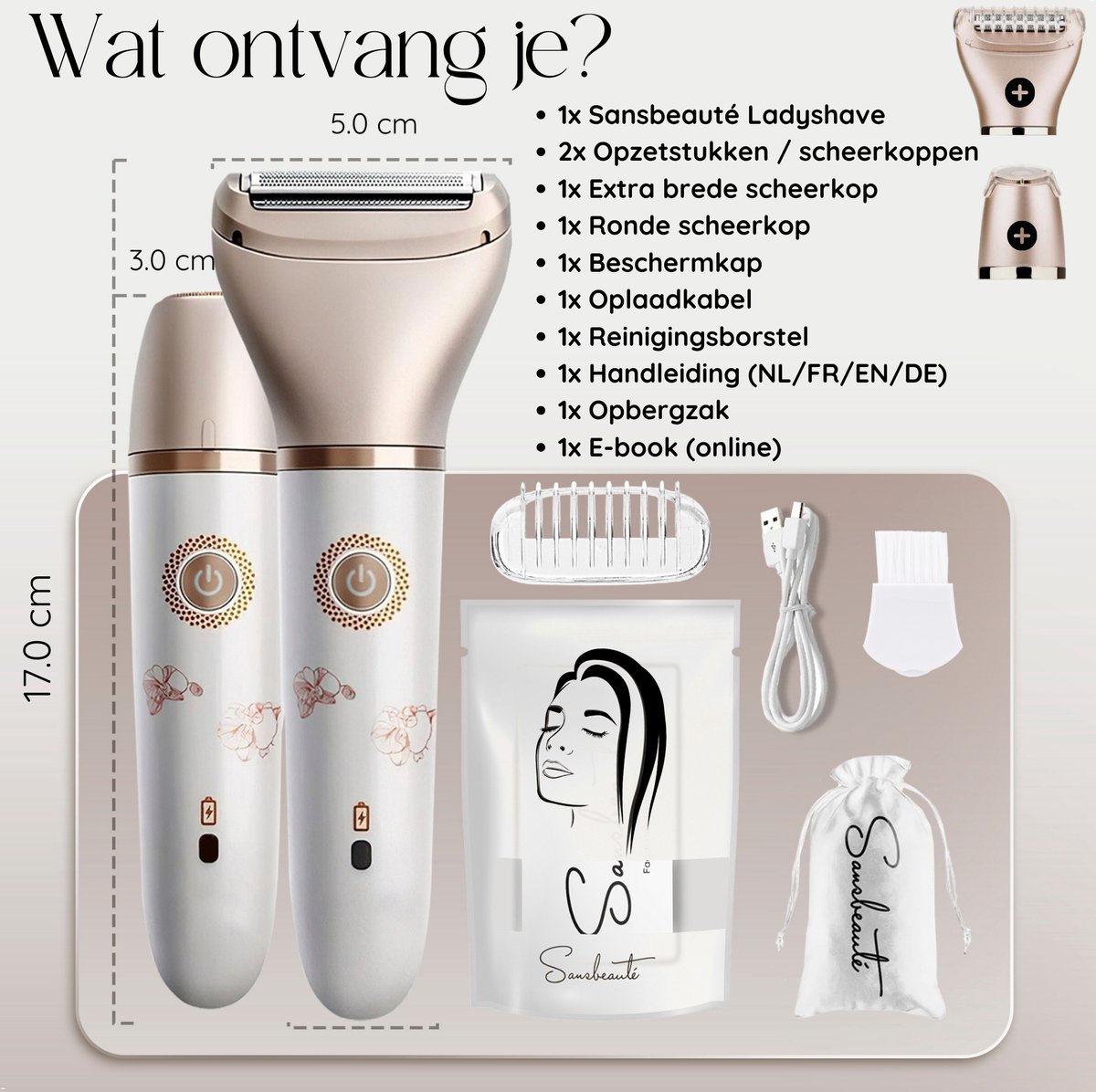 2-in-1 Ladyshave + 2 Extra Scheerkoppen - Gezicht - Oksels - Benen - Bikinilijn - Scheerapparaat Vrouw - Elektrisch Ontharen - Haarverwijderaar Dames - Trimmer Vrouw - Intieme Zone Schaamhaar - Ladyshaves Bikini thumbnail 4