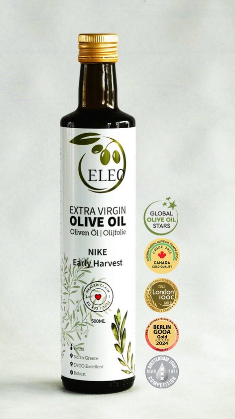 ELEO Nike – Early Harvest Olijfolie – 0,5 Liter – 100% Griekse Picual Olijven – Zuurgraad 0,15% – Rijk aan Polyfenolen – Ondersteunt Immuunsysteem & Ontstekingsremmend – Absolute Topkwaliteit – Internationale Gouden Medaille Winnaar