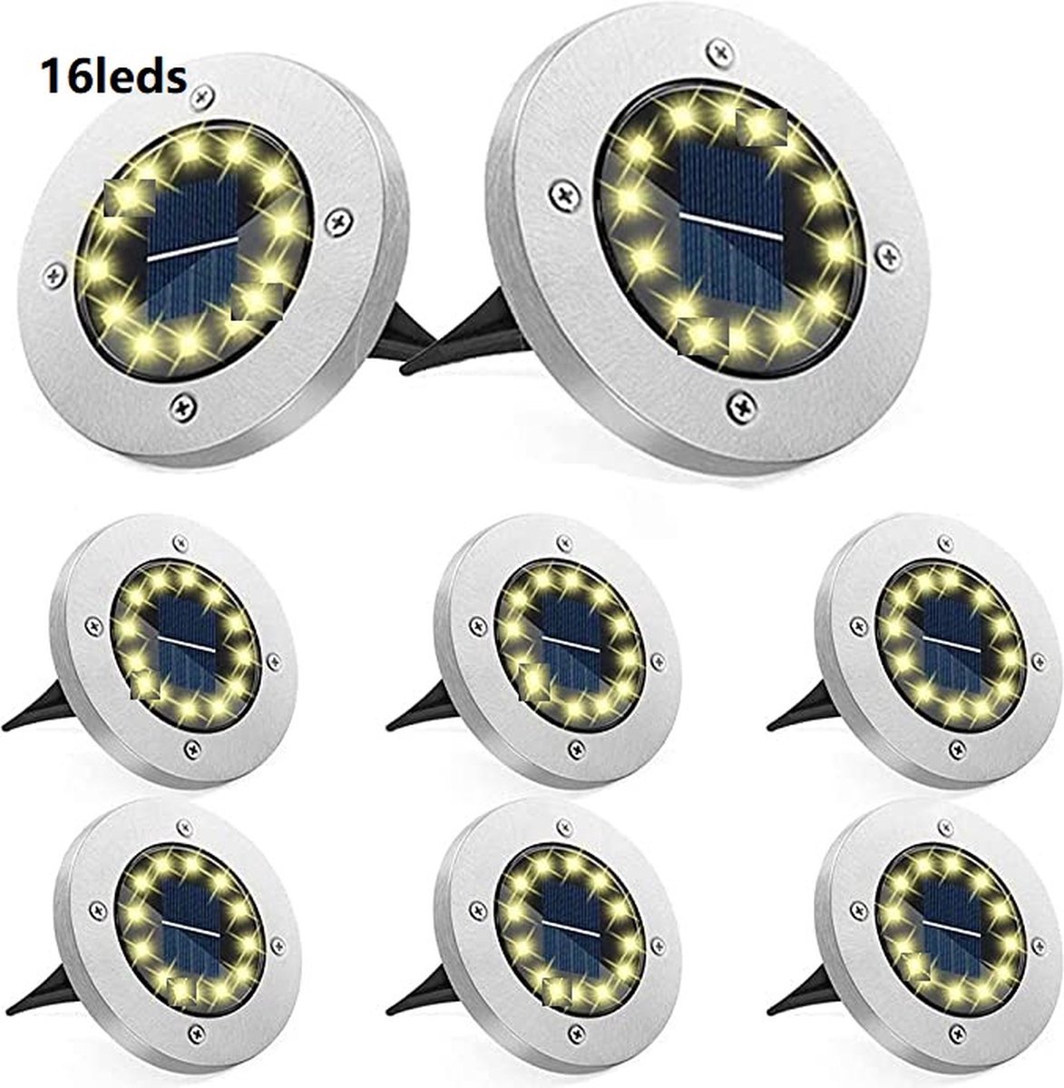 Meedeer 16 Leds Solar Grondspots voor buiten (8stuks) -Warm wit-RVS Grond Spots op Zonne-energie met 16 LED Spotjes-10 Uur Buiten Verlichting in Tuin-IP65 Waterdicht -Tuinverlichting Lamp op zonne energie-Buitenverlichting Tuinlamp
