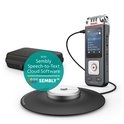 Philips VoiceTracer recorder, 360° microfoon en opbergdoos. Met Semby AI spraak-naar-tekst cloud software.