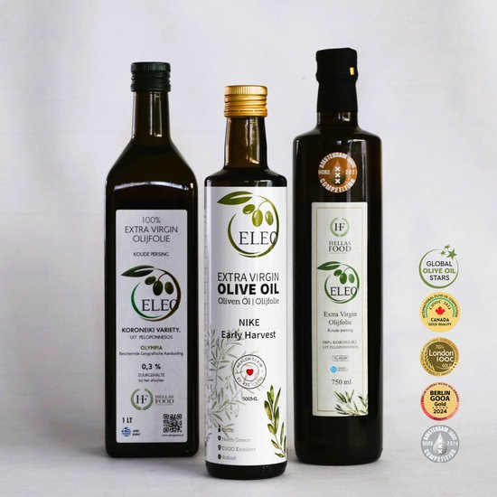 ELEO Introductiepakket - Extra Vierge Olijfolie - Nike Early Harvest (0,5L) - Amaliada (0,75L) - Olympia (1L) - Superieur en Rijk aan Antioxidanten - Internationale Medaille Winnaars