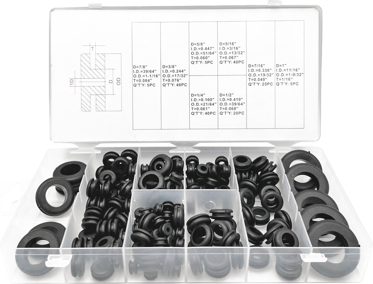 180 Delig Assortiment doorvoerrubbers Voor Elektro kabels Inch maten Doorvoerringen in Box Rubberen Tule Elektrische geleiderafdichting Ringassortiment kit ter bescherming van draden Rubber stoppen voor auto pijpen geavanceerd