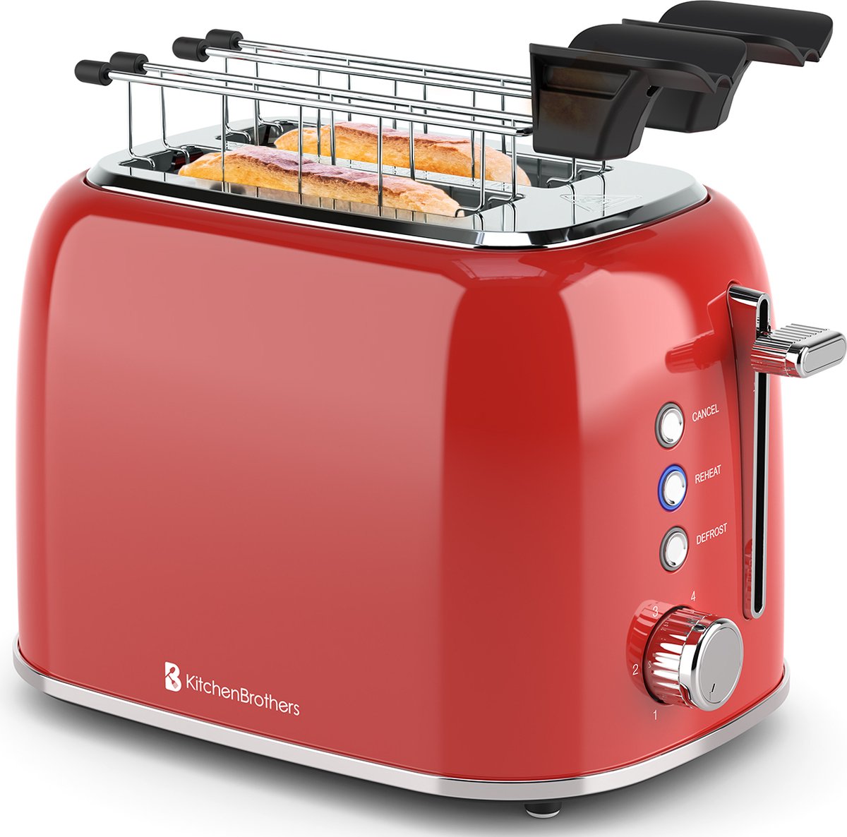 KitchenBrothers Broodrooster met Tostiklemmen - Toaster - 6 Warmteniveaus - Brede Sleuven - Broodrooster - 870W - Rood