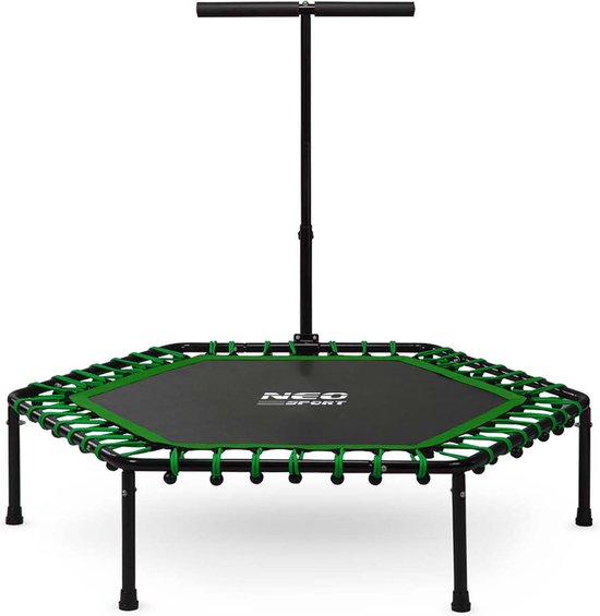 Zeshoekige fitness trampoline met zwart springvlak, groen touw en T-bar handvat.