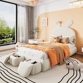 Sweiko Kinderbed - 90x200 cm - Met verstelbare lichtsterkte - Konijnenoren - 2 opbergbankjes - Lattenbodem - Fluweel - Beige