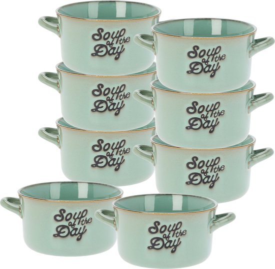 Excellent Houseware Bols à soupe/plats de service - 8x - porcelaine - 500ml - vert clair - avec poignée