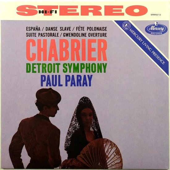 Albumhoes met Chabrier, Detroit Symphony, Paul Paray, met mannen- en vrouwenfiguren.