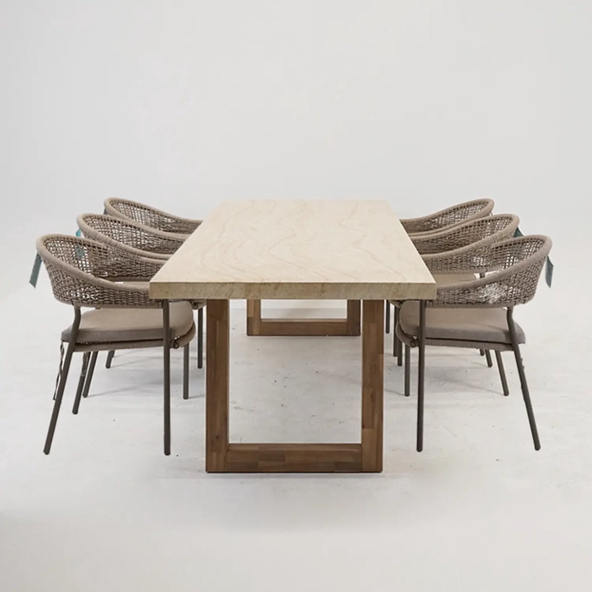 Tuintafel Veltis 250x100cm Travertin met 6x Dining Tuinstoel Bazel Bruin