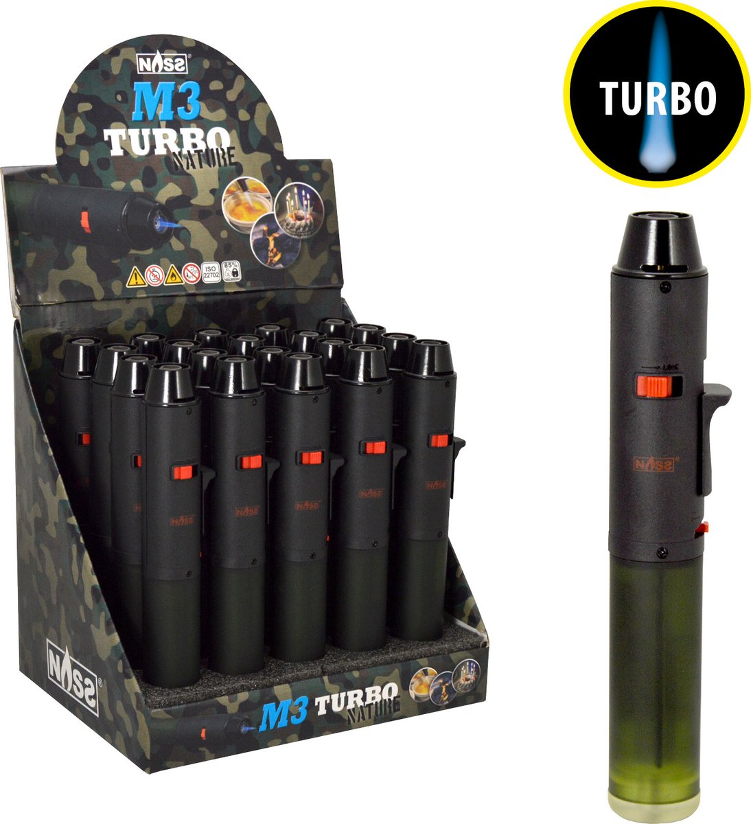 Tobaliq - Hervulbare Aansteker - Vuurwerk Aansteker - Gasbrander - Gasaansteker - BBQ - Windproof - Zwart - M3 Turbo Nature -Display van 20 Stuks