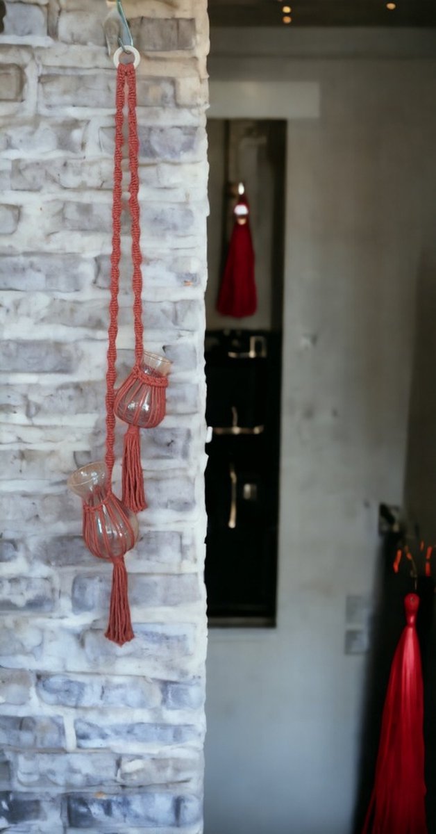 Macramé Plantenhanger met 2 vaasjes, Terracotta-100cm lang, handgemaakt, Cadeau