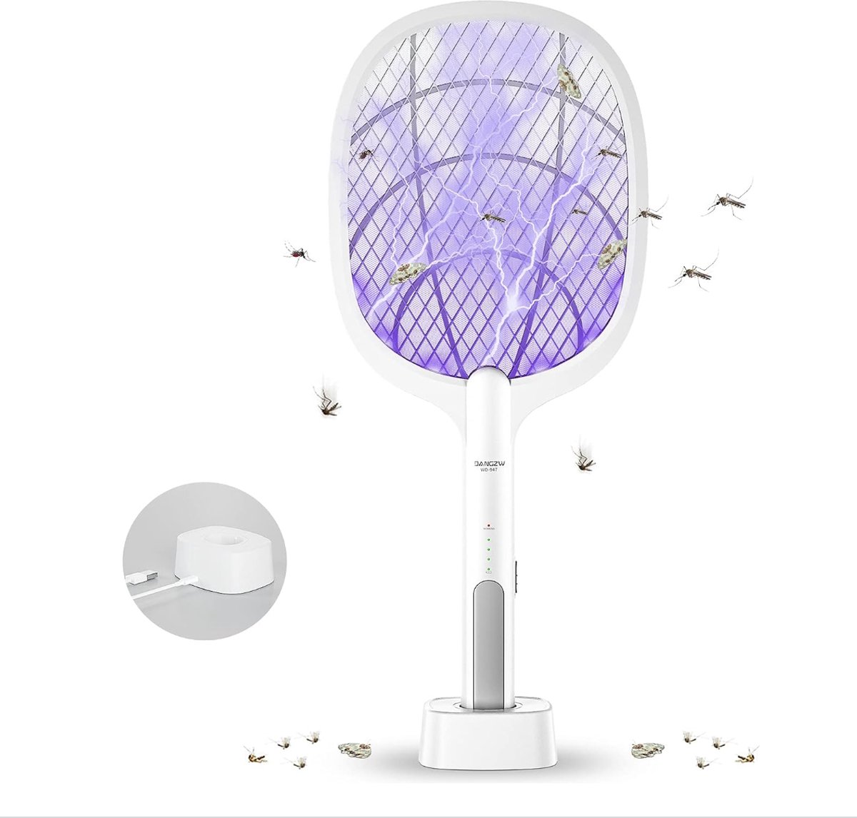 Elektrische Vliegenmepper, 2 in 1 3000V USB Oplaadbare Elektrische Vliegenmepper met Oplaadbasis, Elektrische Vliegenvanger Insectendoder voor Muggen, Vliegen, Bijen, Motten